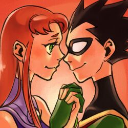  1boy black_hair blush closed_mouth commentary_request couple dc_comics dick_grayson domino_mask female gloves gorget green_eyes holding_hands imminent_kiss interlocked_fingers looking_at_another lowres mask portrait profile red_hair robin_(dc) sen_(sen69) smile starfire straight teen_titans 