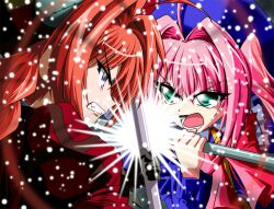  2girls battle blue_eyes bow clash commentary_request duel gloves graf_eisen green_eyes hat kamishima_kanon look-alike lyrical_nanoha magical_girl mahou_shoujo_lyrical_nanoha mahou_shoujo_lyrical_nanoha_a&#039;s marron_(quiz_magic_academy) multiple_girls pink_hair quiz_magic_academy red_hair vita_(nanoha) 