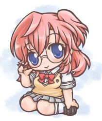  ano_natsu_de_matteru blue_eyes chibi commentary_request female glasses long_hair lowres onmitsu_doushin_a red_hair school_uniform sweater_vest takatsuki_ichika 