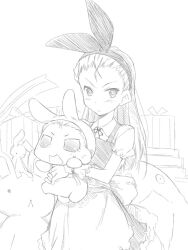  akane_yuki bad_id chibi doll female greyscale hairband idolmaster idolmaster_(classic) io_(puchimasu!) long_hair minase_iori monochrome puchimasu! stuffed_animal stuffed_rabbit stuffed_toy usa-chan_(idolmaster) 