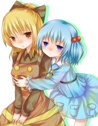  2girls bad_id bad_pixiv_id blonde_hair blue_eyes blue_hair blush bow dress hair_bobbles hair_ornament hairbow hug kawashiro_nitori key kurodani_yamame meronpanna_(mikoniito) multiple_girls no_headwear open_mouth short_hair skirt touhou yellow_eyes 