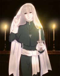  1boy billy_lee_black bishounen candle commentary_request cross cross_necklace green_eyes grey_hair hood jewelry male_focus mizuki_(milk) necklace priest solo xenogears 