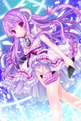  amrita_(sword_girls) bad_id bad_pixiv_id bow chains dress female frilled_dress frills glowing hair_ribbon highres holding horns jewelry lock long_hair necklace panties pantyshot photoshop_(medium) pink_eyes pouch purple_hair ratise ribbon solo sword_girls underwear very_long_hair walking white_panties 