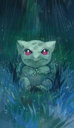  bulbasaur commentary_request full_body glitchedpuppet grass looking_up no_humans nostrils pink_eyes pokemon pokemon_(creature) rain solo water wet 