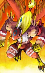  blonde_hair blue_eyes body_writing claws clenched_hand commentary_request digimon digimon_(creature) digimon_adventure feathers garudamon long_hair no_humans solo talons tsumujin wings 