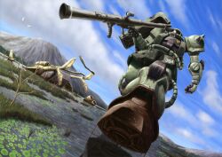  artist_request bazooka_(gundam) bird cloud damaged day dutch_angle gundam highres mecha medea_(gundam) mobile_suit_gundam mountain no_humans realistic robot science_fiction sky weapon wetland zaku zaku_ii zaku_ii_f/j 