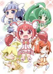  5girls aoki_reika bike_shorts blonde_hair blue_eyes blue_hair blue_skirt blush bow chibi choker commentary_request cure_beauty cure_happy cure_march cure_peace cure_sunny double_v gerotan green_eyes green_hair green_shorts green_skirt hair_flaps hino_akane_(smile_precure!) hoshizora_miyuki long_hair magical_girl midorikawa_nao multiple_girls one_eye_closed orange_eyes orange_hair orange_skirt pink_bow pink_choker pink_skirt precure red_eyes red_hair shorts shorts_under_skirt skirt smile_precure v very_long_hair yayoi_kise yellow_eyes yellow_shorts yellow_skirt 