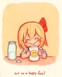  blonde_hair blush bottle closed_eyes commentary_request cup english_text female hair_ribbon lyrics milk milk_bottle mug ribbon rumia short_hair smile smiley_face solo terrajin touhou 