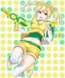  bad_id bad_pixiv_id belt blonde_hair bottle c.c._lemon c.c._lemon_(character) female hair_ornament hairclip heisei_yutorin highres juice midriff navel red_eyes shorts solo thighhighs toy_gun twintails white_thighhighs yellow_shorts 