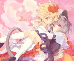  2girls animal_ears black_hair blonde_hair bloomers carrying commentary_request grey_hair hair_ornament looking_at_viewer mouse_ears mouse_tail multicolored_hair multiple_girls nazrin princess_carry shawl short_hair smile tail tomobe_kinuko toramaru_shou touhou two-tone_hair underwear white_legwear yellow_eyes 