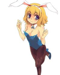  alice_margatroid animal_ears bad_id bad_pixiv_id bare_shoulders black_pantyhose blonde_hair blue_hair blush breasts cleavage commentary_request detached_collar fake_animal_ears female medium_breasts pantyhose photoshop_(medium) playboy_bunny rabbit_ears simple_background smile solo touhou white_background yuu_(kfc) 