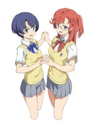  2girls ano_natsu_de_matteru blue_eyes blue_hair commentary_request cowboy_shot cropped_legs glasses holding_hands interlocked_fingers long_hair looking_at_viewer multiple_girls open_mouth red_hair school_uniform short_hair simple_background skirt sweater_vest takatsuki_ichika tanigawa_kanna tt_(poposujp) white_background 