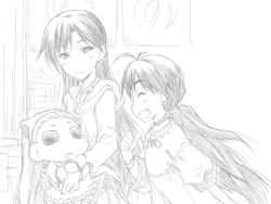  3girls akane_yuki bad_id chibi ganaha_hibiki greyscale idolmaster idolmaster_(classic) io_(puchimasu!) kisaragi_chihaya long_hair minase_iori monochrome multiple_girls oerba_yun_fang puchimasu! 