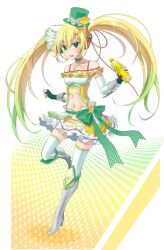  bad_id bad_pixiv_id blonde_hair boots bow c.c._lemon female fingerless_gloves gloves gradient_hair green_hair hairbow hat headphones high_heels kikugetsu midriff multicolored_hair navel personification shoes solo thigh_boots thighhighs twintails zettai_ryouiki 