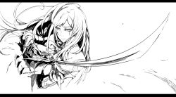  bow castlevania:_order_of_ecclesia castlevania_(series) commentary_request female foreshortening greyscale ian_olympia letterboxed long_hair monochrome shanoa signature solo sword weapon 