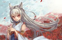  animal_ear_fluff animal_ears bare_shoulders commentary detached_sleeves female field fingers_together floating_hair flower flower_field fox_ears fox_girl grey_hair japanese_clothes kimono long_hair looking_at_viewer original petals red_eyes red_flower short_eyebrows slit_pupils smile solo spider_lily steepled_fingers suzuno_(bookshelf) thick_eyebrows upper_body very_long_hair wind 