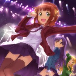  3girls amami_haruka blazer blonde_hair brown_hair buntan commentary_request dancing green_eyes hair_ribbon hoshii_miki idolmaster idolmaster_(classic) jacket kisaragi_chihaya long_hair multiple_girls necktie open_clothes open_jacket open_mouth pleated_skirt purple_hair ribbon short_hair skirt smile stage thighhighs 