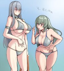  2girls aged_up bikini blush breasts cleavage crossover curvy flying_sweatdrops grey_hair huge_breasts large_breasts long_hair multiple_girls navel open_mouth red_eyes rozen_maiden selvaria_bles senjou_no_valkyria_(series) senjou_no_valkyria_1 suigintou sweatdrop swimsuit towel translated tsuda_nanafushi underboob wide_hips 