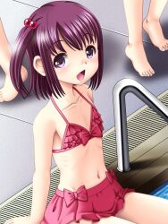  bikini bikini_skirt black_hair commentary_request drain_(object) female flat_chest navel original photoshop_(medium) pool pool_ladder poolside purple_eyes short_hair sitting solo_focus swimsuit tenshou_akira water 