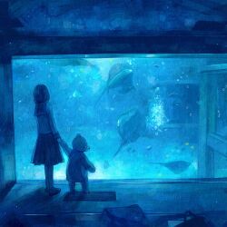  aquarium bad_id bad_pixiv_id bear black_hair blue_theme bubble dark female fish from_behind holding_hands looking_back nomiya_(no_38) original photoshop_(medium) school_uniform shadow solid_circle_eyes solo stingray water 