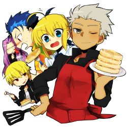  2girls 3boys apron archer_(fate) artoria_pendragon_(fate) bad_id bad_pixiv_id blonde_hair blue_eyes blue_hair butter casual chibi commentary_request cu_chulainn_(fate) cu_chulainn_(fate/stay_night) dark-skinned_male dark_skin fate/stay_night fate_(series) food fork gilgamesh_(fate) gilgamesh_(immoral_biker_jacket)_(fate) glasses grey_eyes long_hair medusa_(fate) medusa_(rider)_(fate) multiple_boys multiple_girls nikame oerba_yun_fang official_alternate_costume pancake purple_hair red_eyes saber_(fate) spatula tears white_hair 