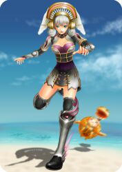  armor beach breasts cleavage_cutout clothing_cutout commentary_request day female full_body hat head_wings highres kerokov kicking medium_breasts melia_antiqua motion_blur nopon outdoors riki_(xenoblade) shadow sky thighhighs white_hair wings xenoblade_chronicles_(series) xenoblade_chronicles_1 