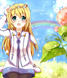  :d akamomo aqua_eyes bad_id bad_pixiv_id blonde_hair blush colette_brunel english_text female flower head_wreath leaf long_hair open_mouth pantyhose rainbow sitting smile solo tales_of_(series) tales_of_symphonia wariza 