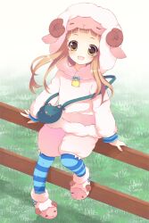  :d animal_costume animal_ears animal_slippers bad_id bad_pixiv_id bell brown_hair cosplay female fence grass ichihara_nina idolmaster idolmaster_cinderella_girls izumiyuhina kigurumi open_mouth pantyhose photoshop_(medium) sheep_costume sheep_ears slippers smile solo striped_clothes striped_pantyhose yellow_eyes 