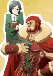  2boys armor beard black_hair bob_cut book commentary facial_hair fate/zero fate_(series) green_eyes iskandar_(fate) male_focus multiple_boys oiun parted_bangs red_hair waver_velvet 