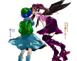  2girls backpack bag blue_hair brown_eyes brown_hair checkered_clothes checkered_skirt commentary_request geta hair_ribbon hat himekaidou_hatate kawashiro_nitori long_hair multiple_girls necktie pointy_ears ribbon short_hair skirt thighhighs touhou translated two_side_up unya wings 