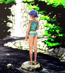  alternate_costume alternate_hairstyle aqua_shorts ass bare_shoulders blue_eyes blue_hair butt_crack camisole casual commentary_request day female full_body highres itou_yuuji kawashiro_nitori kneepits looking_at_viewer looking_back no_headwear outdoors river shoes short_hair short_ponytail short_shorts shorts sneakers solo standing tan tanlines touhou water waterfall wedgie 