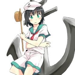  anchor black_hair blush commentary_request dress female green_eyes hat hishaku murasa_minamitsu neckerchief sailor_dress sailor_hat shirt short_hair shorts solo touhou white_shorts yudepii 