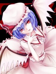  bat_wings black_background blouse cofi_(eternal) commentary_request dutch_angle female finger_to_mouth gimp_(medium) hat hat_ribbon light_purple_hair lips looking_at_viewer partial_commentary red_background red_eyes remilia_scarlet ribbon shirt short_hair skirt solo touhou wings 