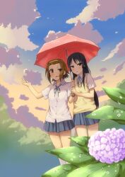  2girls akiyama_mio bad_id bad_pixiv_id black_hair blush brown_eyes brown_hair cloud day flower girock hairband holding holding_umbrella hydrangea k-on! leaf long_hair multiple_girls outdoors photoshop_(medium) sakuragaoka_high_school_uniform school_uniform shared_umbrella skirt sky tainaka_ritsu umbrella water 