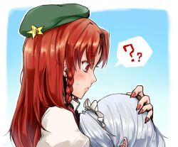  2girls ? bad_id bad_pixiv_id blush braid fingernails grey_hair hand_on_another&#039;s_head hat hong_meiling hug izayoi_sakuya long_hair multiple_girls red_eyes red_hair sharp_fingernails sherad short_hair star_(symbol) touhou twin_braids upper_body 