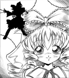  arukime bow commentary_request drill_hair female greyscale hairbow hinaichigo monochrome outstretched_hand rozen_maiden silhouette smile solo 