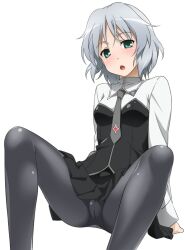  :o black_pantyhose blush crotch_seam female green_eyes grey_hair head_tilt looking_at_viewer military military_uniform open_mouth panties panties_under_pantyhose pantyhose sanya_v._litvyak short_hair simple_background sitting skirt solo spread_legs strike_witches underwear uniform white_background world_witches_series youkan 