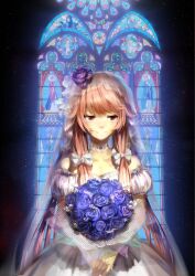  blue_flower blue_rose bouquet bow bridal_veil brown_hair commentary dress female flower gasai_yuno h2so4kancel hair_flower hair_ornament hair_ribbon highres long_hair mirai_nikki photoshop_(medium) red_eyes ribbon rose smile solo stained_glass veil very_long_hair wedding_dress 