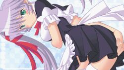  bent_over bow bowtie breasts collar dress frills hair_ornament lowres maid maid_apron moeru_mahjong_moejong_(moejan) pose sanshiku_jun skirt 