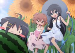  &gt;_&lt; 3girls :3 :d argyle bad_id bad_pixiv_id black_hair blue_eyes blush blush_stickers brown_hair closed_eyes dress flower food fruit hair_bobbles hair_ornament hat holding hose long_hair multiple_girls nekokan-nekokan open_mouth original side_ponytail smile sun_hat sundress sunflower watermelon |_| 