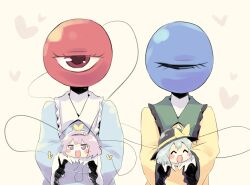  2girls ^_^ ayakashi_(monkeypanch) closed_eyes commentary_request eyebrows hat heart highres komeiji_koishi komeiji_satori multiple_girls open_mouth pink_eyes pink_hair role_reversal short_hair siblings sisters smile third_eye touhou yukkuri_shiteitte_ne 