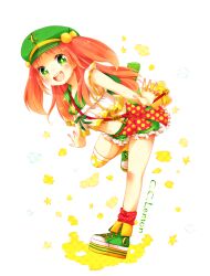  +_+ :d bad_id bad_pixiv_id c.c._lemon c.c._lemon_(character) cabbie_hat commentary_request female frilled_skirt frills green_eyes hat highres long_hair looking_at_viewer midriff narina navel open_mouth orange_hair polka_dot polka_dot_legwear skirt smile solo symbol-shaped_pupils two_side_up 