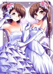  2girls bare_shoulders blush brown_eyes brown_hair commentary_request dress elbow_gloves flower futami_ami futami_mami gloves hair_flower hair_ornament idolmaster idolmaster_(classic) long_hair multiple_girls natsu_(anta_tte_hitoha) own_hands_together short_hair siblings side_ponytail sisters smile twins v wedding_dress white_gloves 