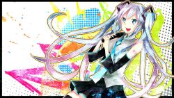  aqua_eyes aqua_hair bad_id bad_pixiv_id clow detached_sleeves female hatsune_miku long_hair microphone necktie open_mouth skirt solo twintails very_long_hair vocaloid 