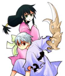  1boy black_hair commentary_request female green_eyes japanese_clothes kimono mizukami_satoshi red_eyes sengoku_youko senya tsukiko white_hair 