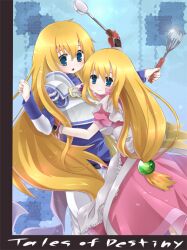  1boy apron armor belt blonde_hair blue_eyes breasts brother_and_sister dress female frills gloves kika_(pororororo) ladle lilith_aileron long_hair open_mouth pants siblings stahn_aileron tales_of_(series) tales_of_destiny 