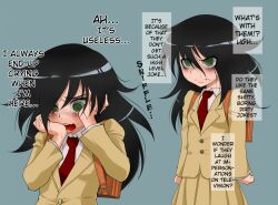  bag black_hair crying crying_with_eyes_open female flat_chest green_eyes hard_translated kemi433 kuroki_tomoko kuroki_tomoko necktie school_bag school_uniform skirt solo tears translated watashi_ga_motenai_no_wa_dou_kangaetemo_omaera_ga_warui! watashi_ga_motenai_no_wa_dou_kangaetemo_omaera_ga_warui! yandere_trance 