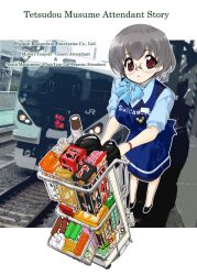  armband candy cup female food glasses jewelry matsumoto_azusa red_eyes scarf short_hair snack snacks solo stewardess tessai tetsudou_musume train train_station 