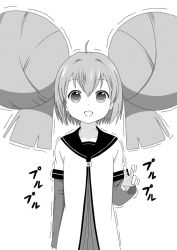  :d ahoge akaza_akari bad_id bad_pixiv_id commentary_request double_bun female greyscale hair_bun hair_intakes impossible_hair monochrome nanamori_school_uniform open_mouth school_uniform serafuku sin_moriyama smile solo translated yuru_yuri 