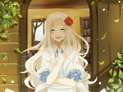  ^_^ arch blonde_hair blue_dress blush book bookshelf brick_wall building closed_eyes collared_dress commentary day door dress entrance facing_viewer falling_leaves female floating floating_object flower frilled_sleeves frills fringe_trim fuchsia91 hair_flower hair_ornament hand_on_own_chest happy happy_tears house kagerou_project kozakura_shion leaf long_hair open_collar open_door outdoors parted_hair plant red_flower shawl short_sleeves solo tears teeth two-tone_dress upper_body upper_teeth_only wavy_hair white_dress white_hair white_shawl window 